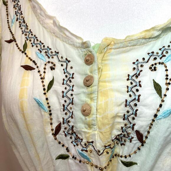 Vintage Y2K Tokyo Denim Bank Yellow Silk Hippie Embroidery Bead Tank Blouse Top - Picture 3 of 12